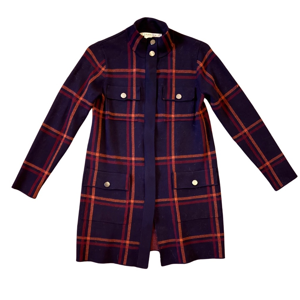 Max Studio Navy, Burgundy & Orange Plaid Coat